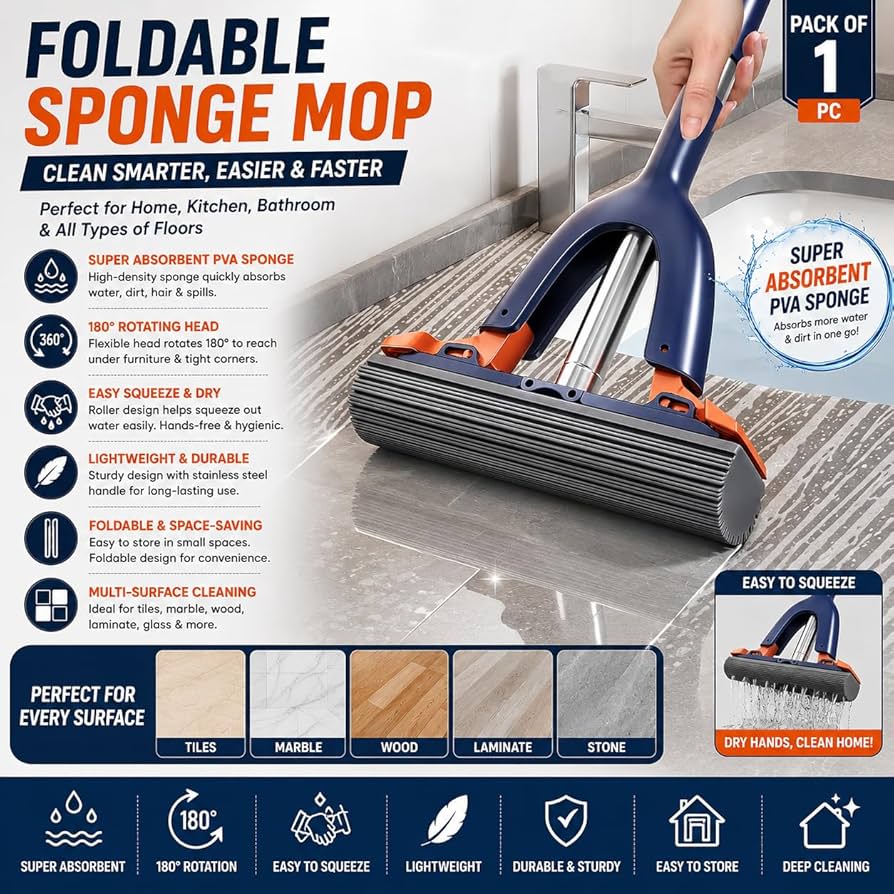Foldable Sponge Mop Stainless Steel