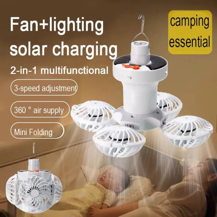Portable Foldable Ceiling Fan Light LED Solar Bulb Lamp with 4 Mini Fans